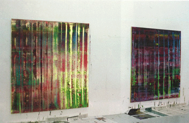 Installation view of the current work (left) with Abstraktes Bild (774-2) (right), which is on permanent loan to the Sprengel Museum, Hannover from the Hannover Rück Stiftung (Hannover Re Foundation) The artist’s studio, Cologne 